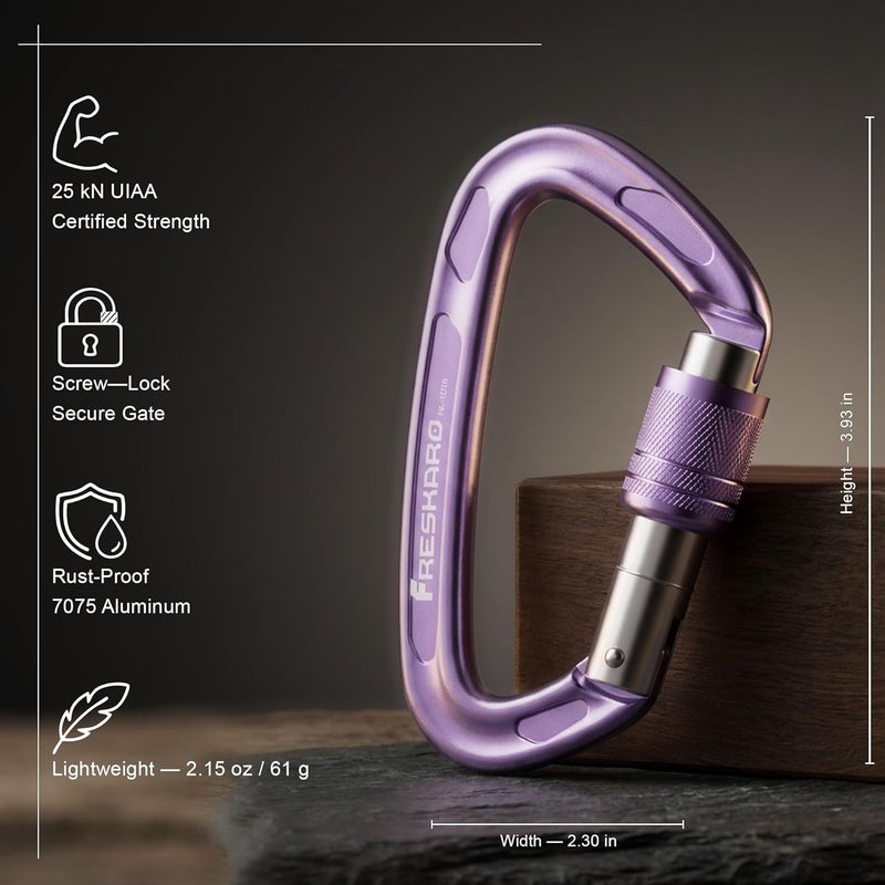 FresKaro 4inches 25kN-5621lbs Climbing Carabiners, UIAA CE Certified, Screw Lock, 7075 Aluminium, Lightweight, Rust Proof, for Mountaineering, Rappelling etc., Multi-Colors - Image 2